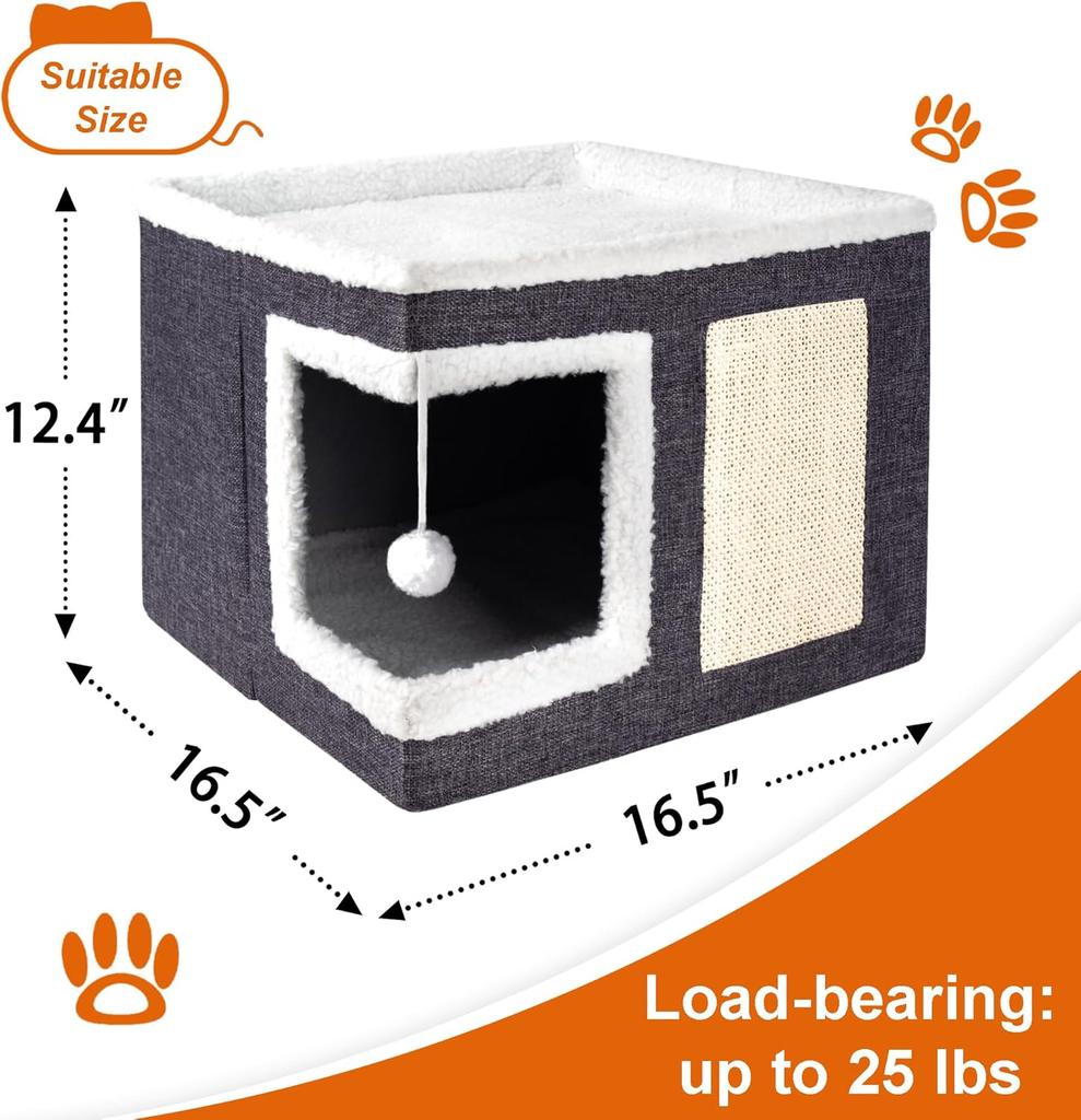 Cat Houses for Indoor Cats,Large Cat Bed Cave with Scratch Pad and Fluffy Ball, Foldable Cat Condo Hideaway