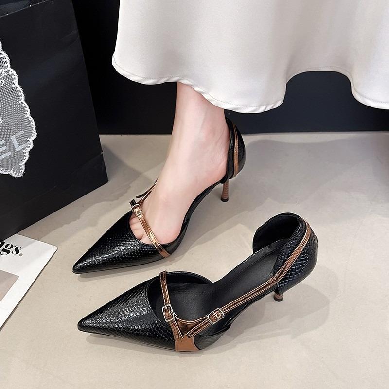 Retro Schlangenleder Hollow Pumps Spitzschuh Dünne Absätze Schnallenschuh Mischfarbe Hotties Nischenmode Sexy Stiletto Schuhe