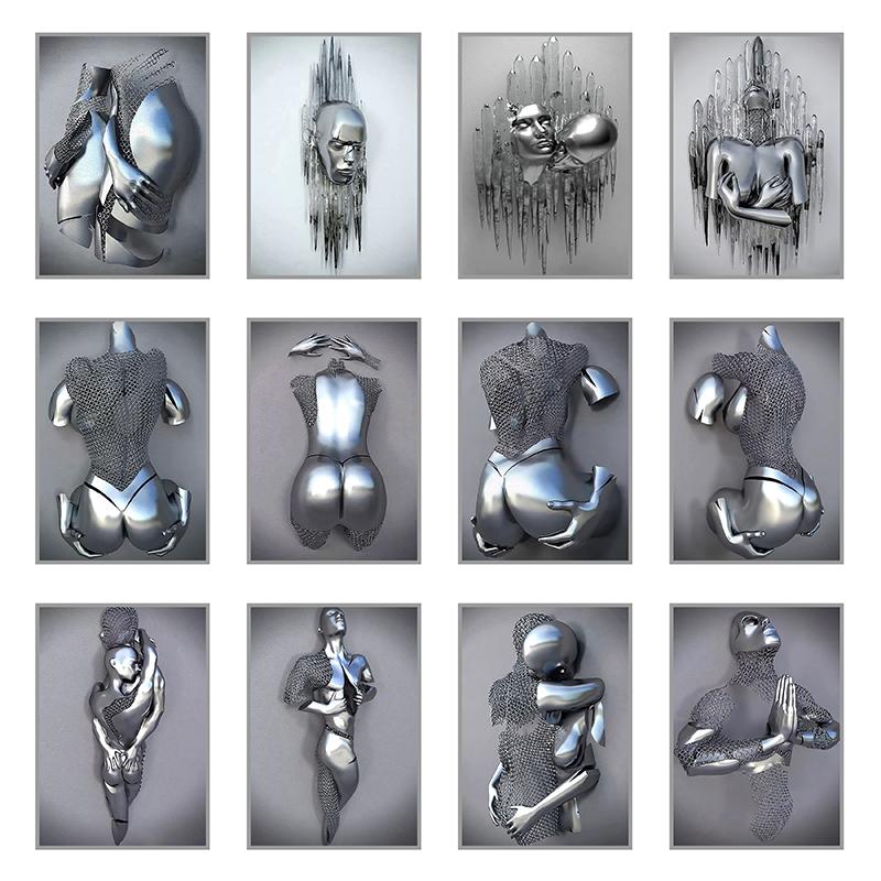 3D Abstract Metal Man Decorative Painting Poster Nordic Prints Canvas Painting Wall Art Picture for Living Room Home