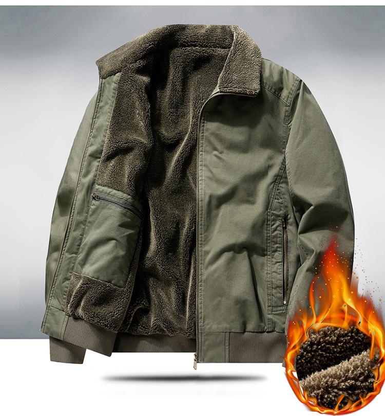 Men's Winter Plus Velvet Warm Cotton Workwear Jacket with Lapel for Cold Protection