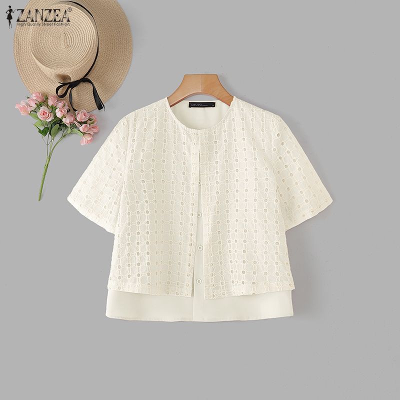 

ZANZEA Ethnic Women Short Sleeve Crochet Patchwork Buttons Fake Two-piece Casual Blouse 5XL абрикосовый