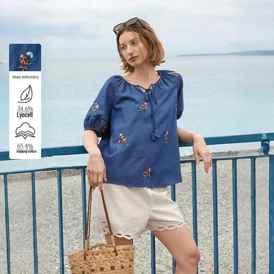 INMAN Women's Embroidered Floral Raglan Sleeve Tassel Tie Shirt