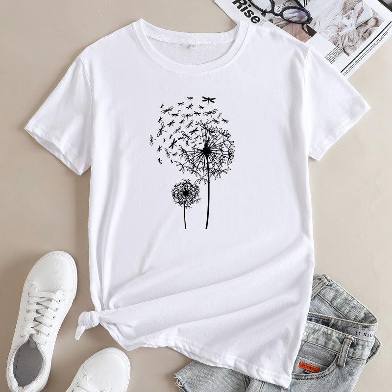 Summer Round Neck Dandelion Dragonfly Pattern Printed Top Fashionable Casual Short Sleeved Women's Pure Cotton T-shirts