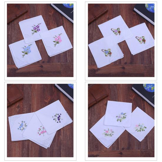 3Pcs Square Handkerchief Flower Embroidered Pocket Lace Cotton Napkin Towel