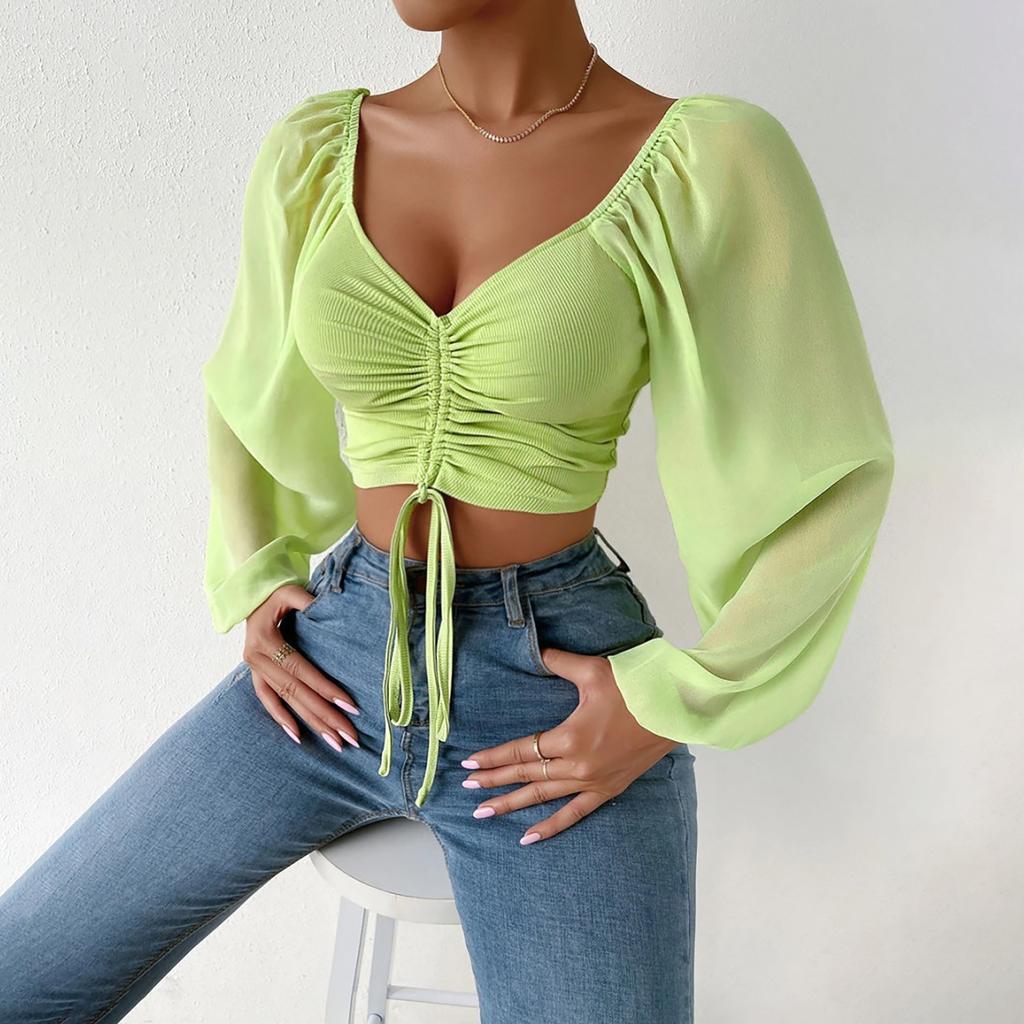 Ladies Casual Solid Color Square Neck Pullover Mesh Splicing Sexy Fashion Top