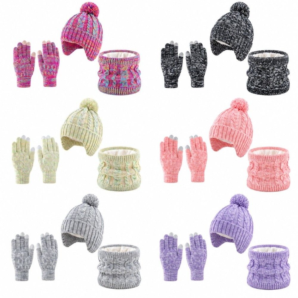 Colorful Kids Hat Scarf Gloves Set Thickened Gloves Warm Pullover Hat  Winter