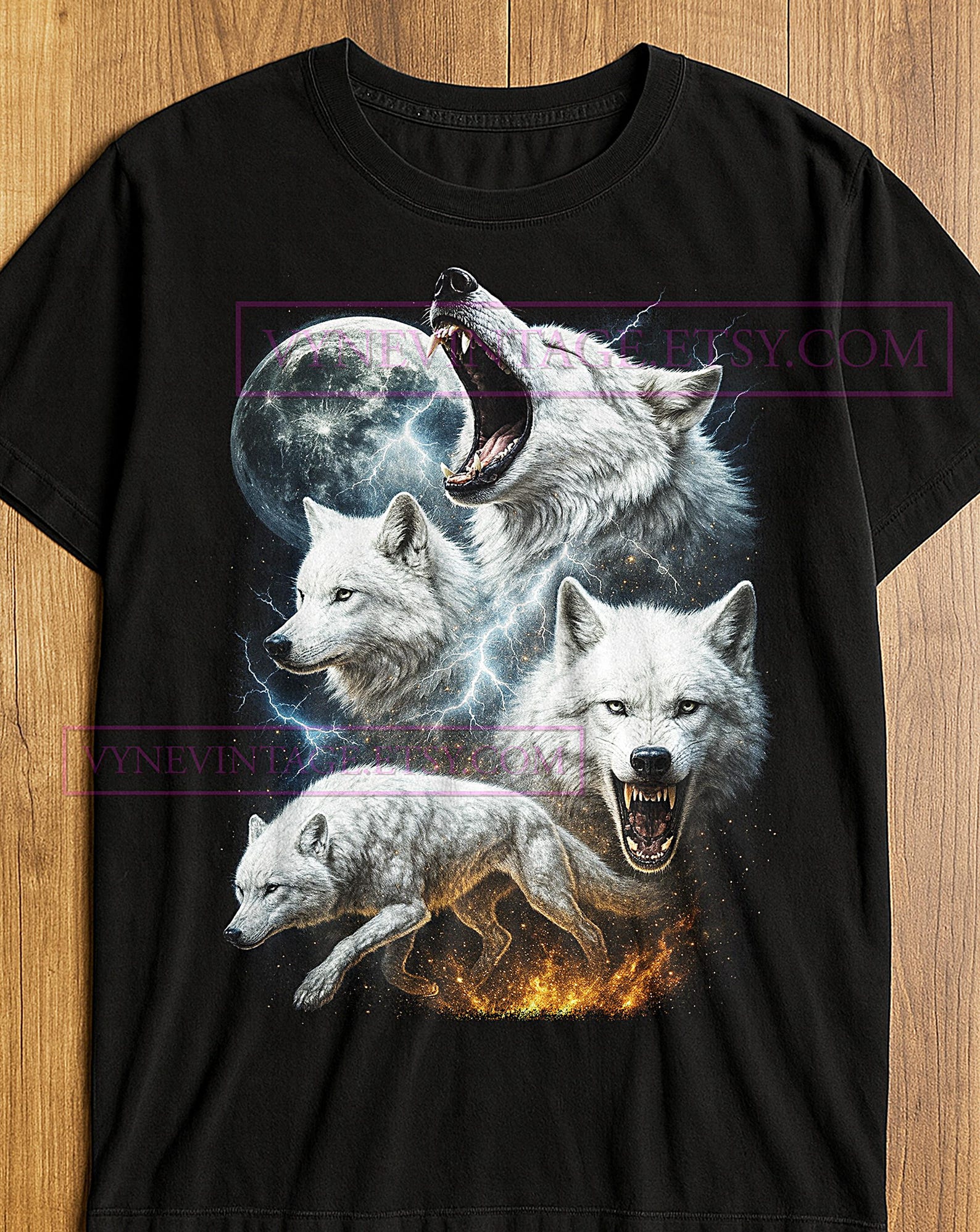 Howl Of The Moonlight Chaos T-Shirt, White Wolves Lightning Sparkles Storm Power Fury Tee, Wild Strength Unity Graphic, Vintage Wolf Shirt XL
