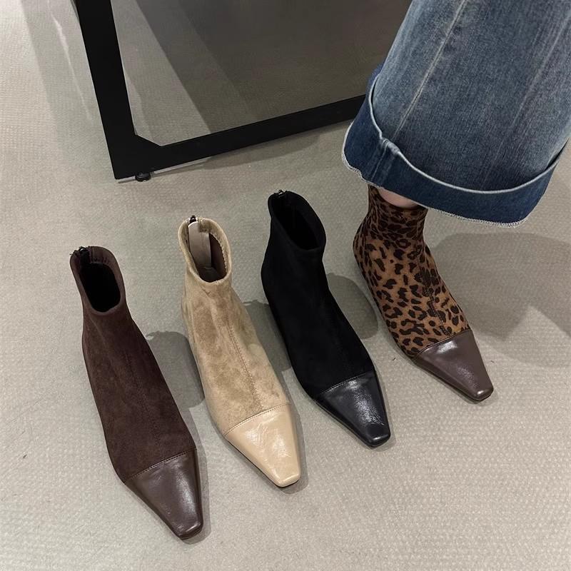 French Rear Zipper Short Boots Women's 2025 New Autumn and Winter Small Fragrant Wind Leopard Print Splicing Square Head Thick Heel Thin Boots Wome