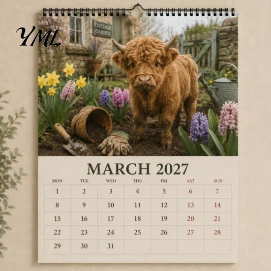 Cute Cow Theme Calendar 2027 Highland Seasons Calendar, 12-Month Desk Planner with Art, Desktop Appointment Thick Paper Daily Organizer for