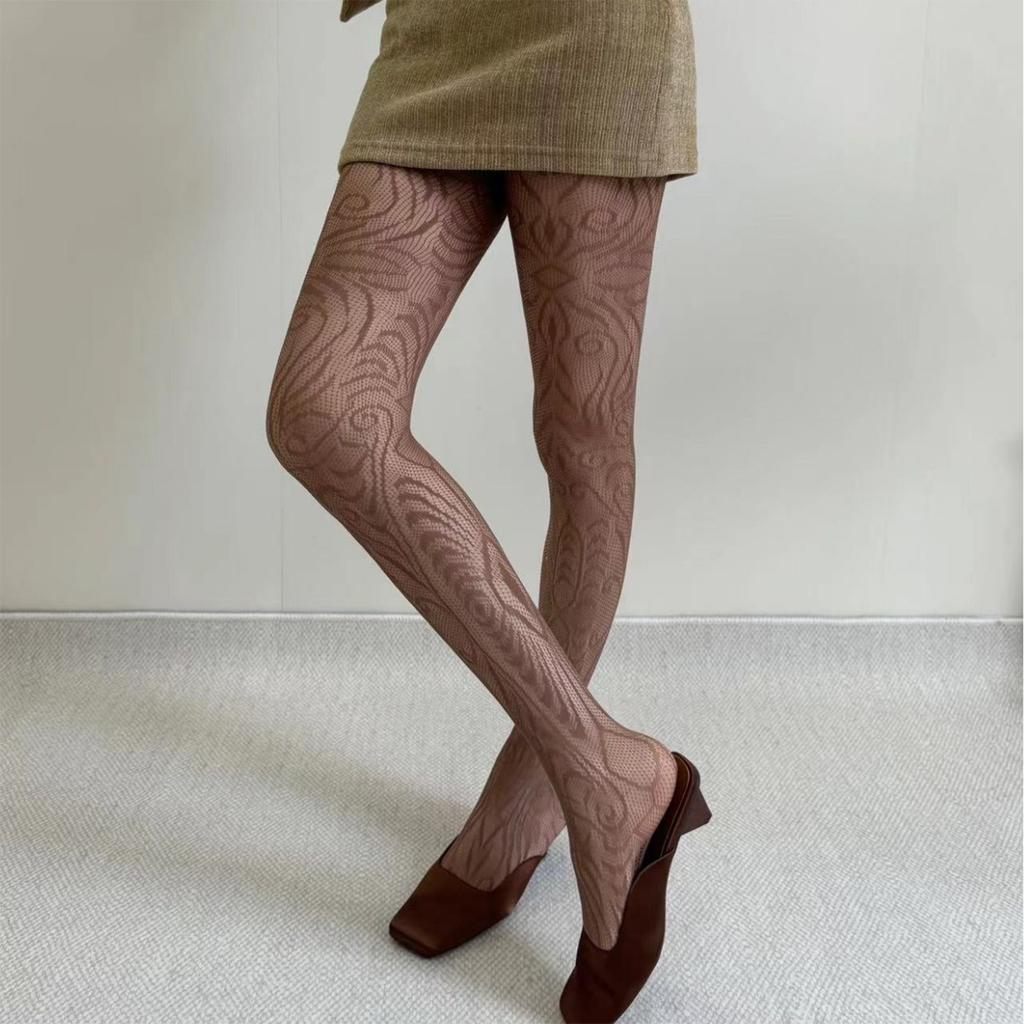 Japanese Aesthetic Vintage Hollowed Sheer Fishnet Stockings with Exotic Patterned Mesh Net Tights Pantyhose for Women