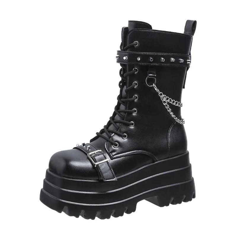 Plattform Tykke gotiske støvler Lady Spenne Høstsko Dame Kiler Knehøye støvler Punk Street Cosplay Botas Motorsykkelkjede