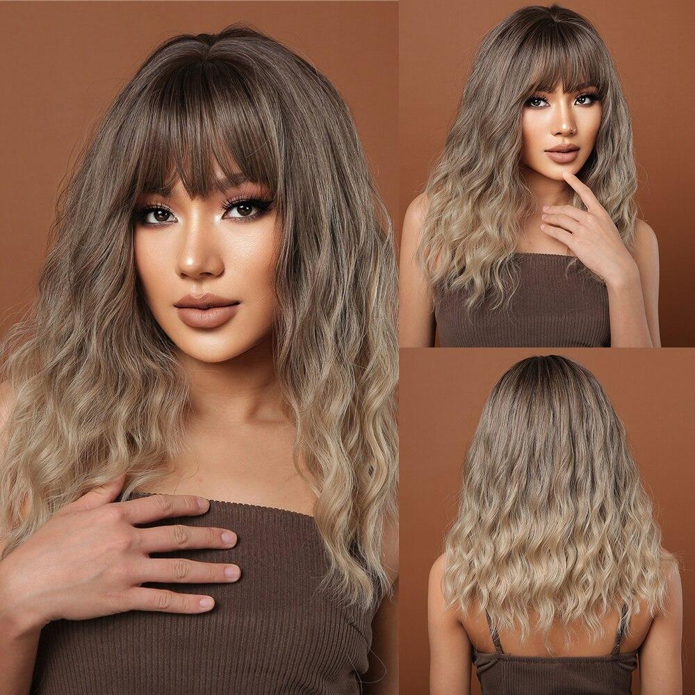 ALAN EATON Long Ombre Brown Synthetic Wig Brown Highlight Middle Part Hair Wig for Women Daily Use Natural Heat Resistant Fiber