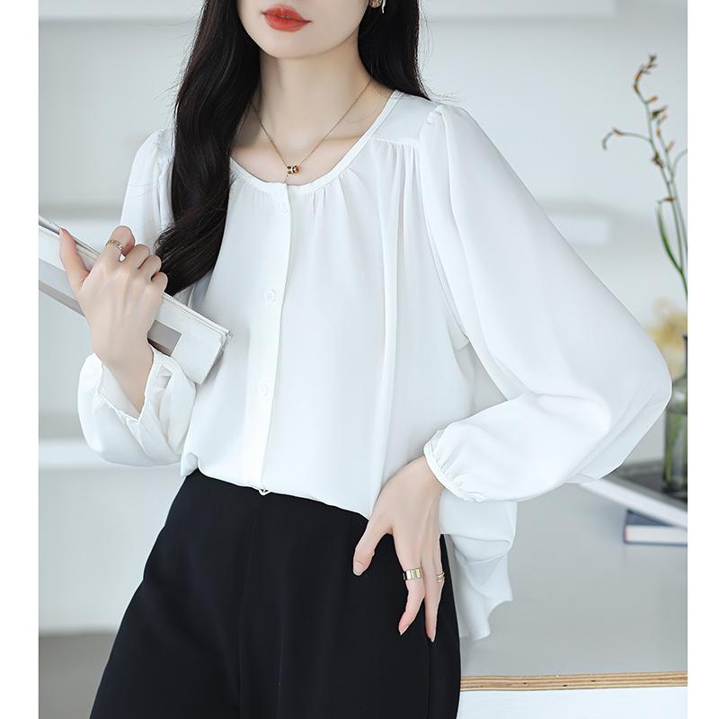 New Fashion Lantern Sleeve Loose Casual Blouse Women Single Breasted Elegant Solid Vintage Shirts Women Tops Round Neck Plus Size Ladies Blouses 26335