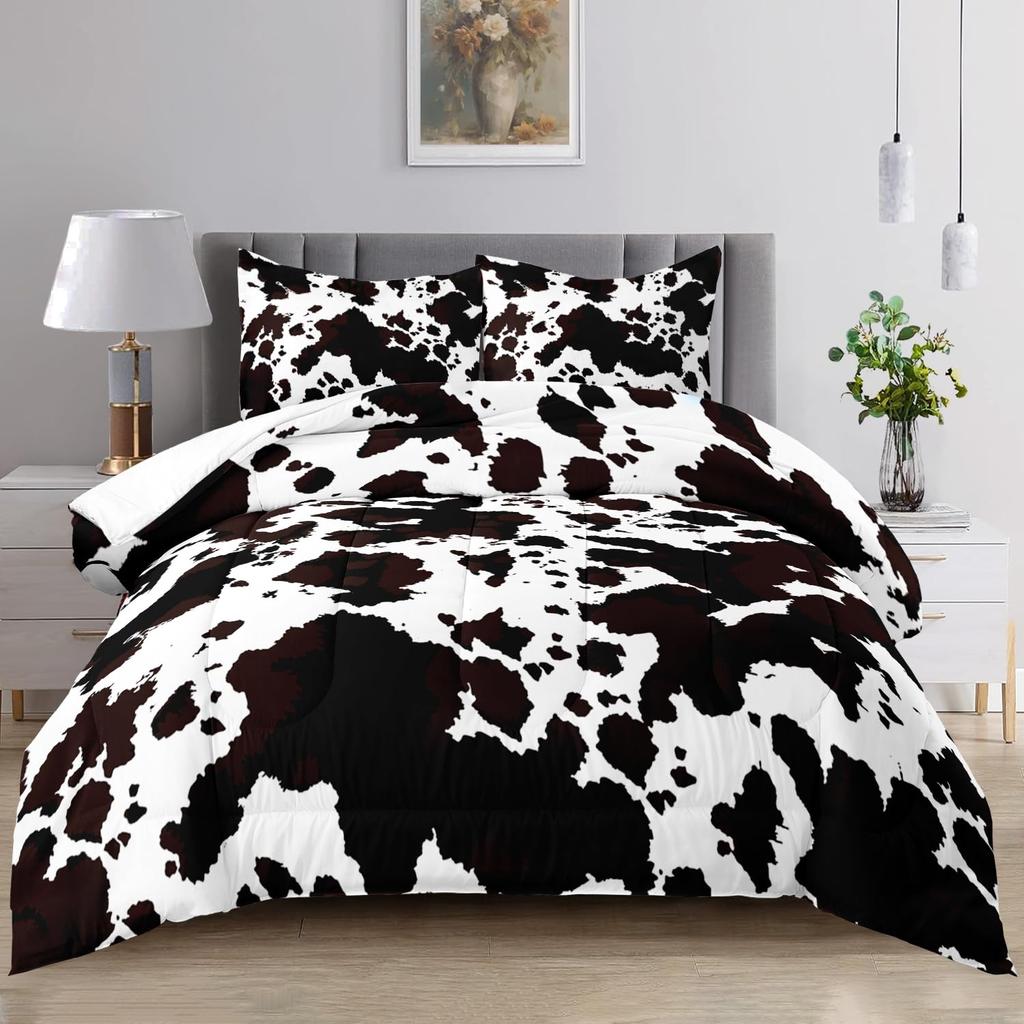 Abstract Cow Print Soft Duvet Cover Quen Sized Dimensions for Young Boys Young Girls Bedrom, Pink Cow Silhouete Beding Set,Animal Themed Warm