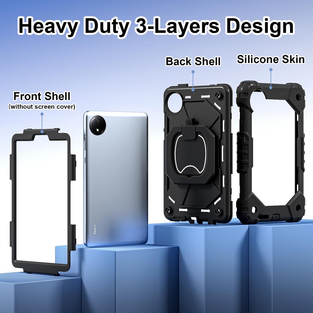 For Redmi Pad SE 8.7 mini 4G 2024 Heavy Duty Armor Case 360° Rotating 3-layer Protection Stand Cover With Shoulder Strap