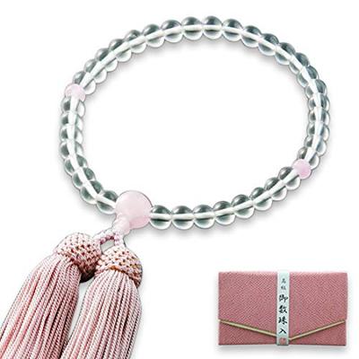 Kyoto Butsudan Hayashi Prayer Beads for Women, Pure Silk with Tassel, Genuine Crystal, Three Heavenly Crystals, Rose Quartz, and a Prayer Bead Bag (W-