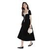 French retro square neck short-sleeved Hepburn style small black dress design sense temperament waist cover belly thin dress women's summer
