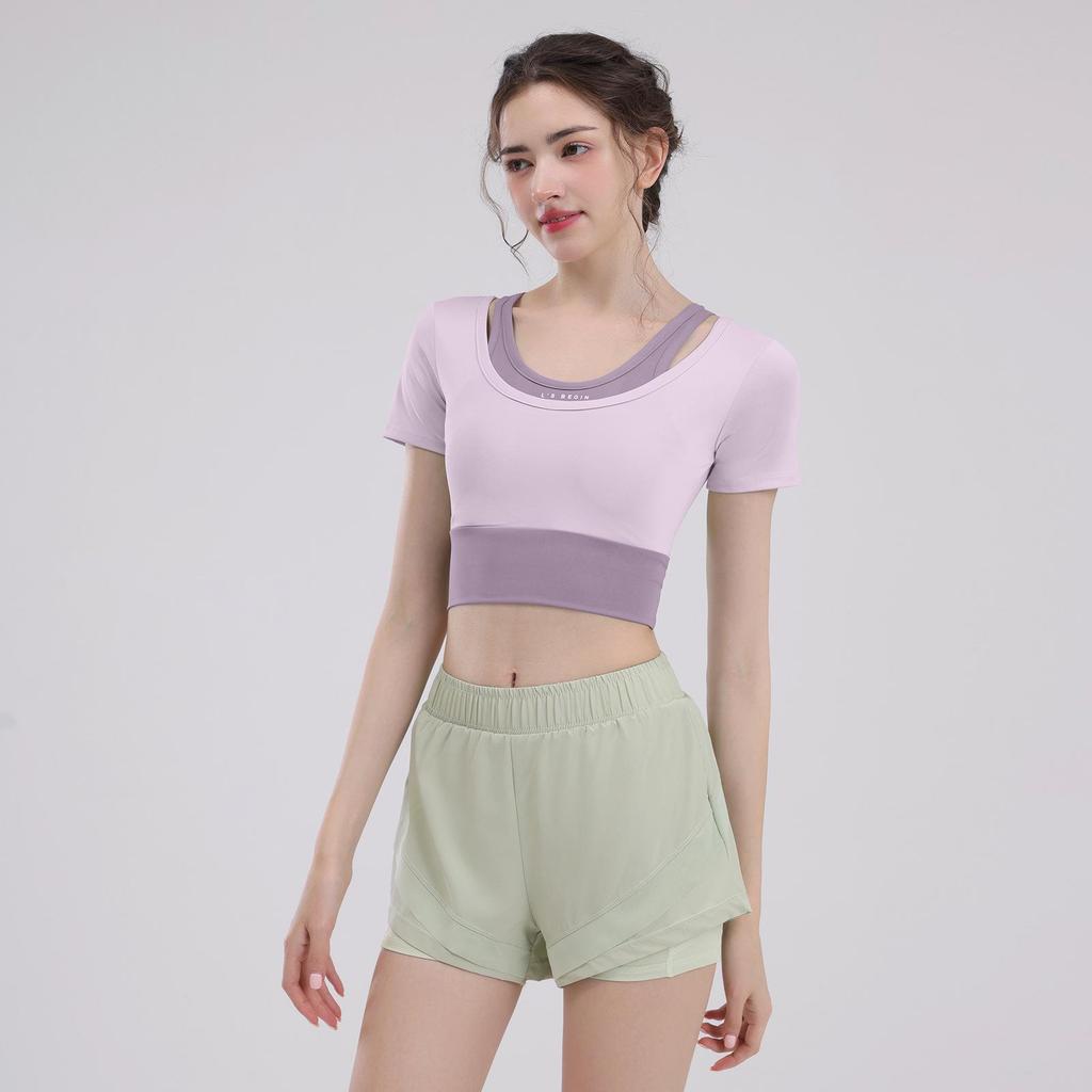 Women's Short Sleeve Yoga Set: Summer Style Workout Top with Chest Pad for Pilates, Training, and Running.