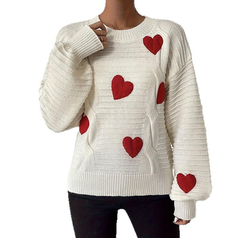 Europe, America autumn and winter new sweater women's clothing loose knitting love embroidery round neck pullover top women