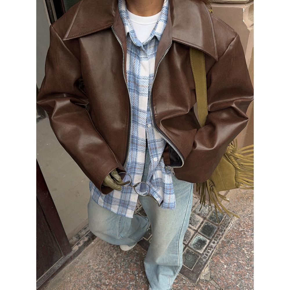 Wine Red Faux Leather Jakcet Fashion Outerwear Thicken Zipper Lapel Pu Coats Autumn Winter Streetwear Ladies Tops Women