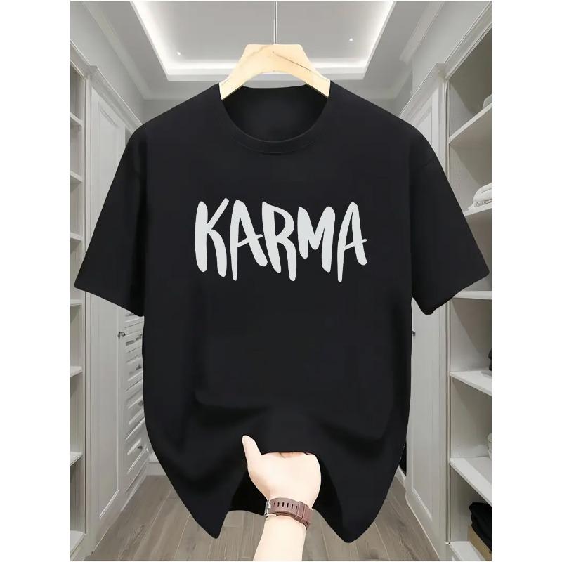 Taglie Europee A T-shirt Casual da Uomo con Stampa a Lettere 'KARMA' - Girocollo Maniche Corte, Tessuto a Maglia Leggermente Elasticizzato