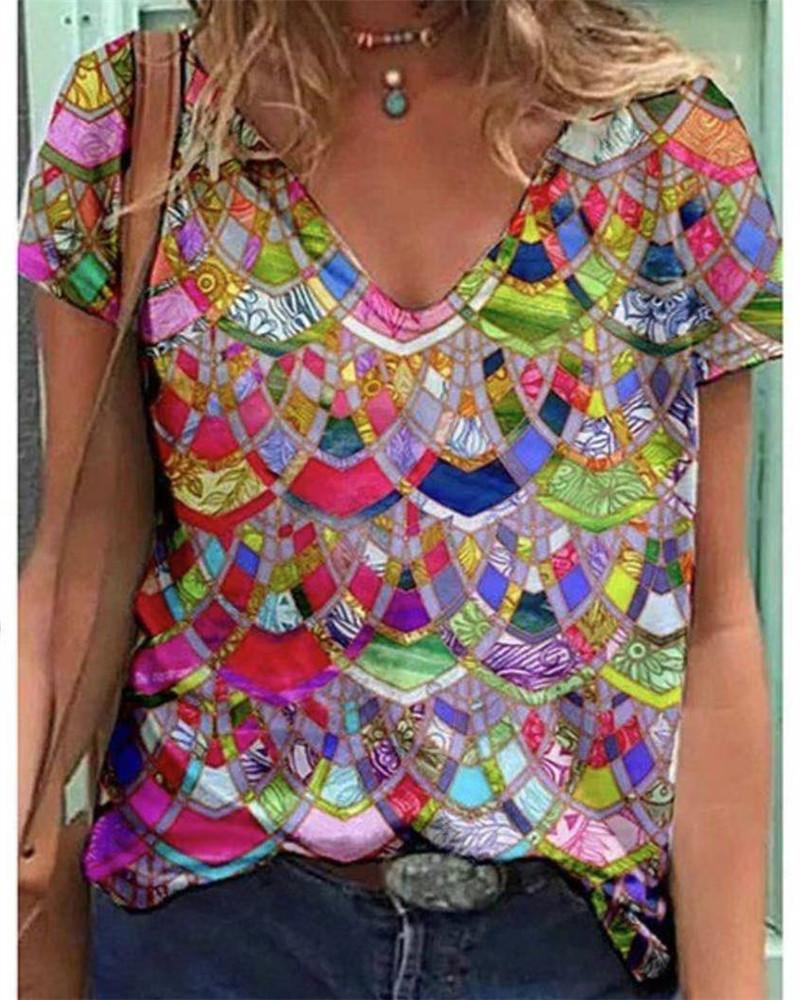 Summer Women's New Amazon Painted V-neck Printed Short Sleeved T-shirt