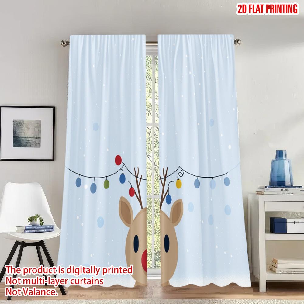 

Set Of 2 Flat Printing Popular Christmas Curtains Reindeer Snowfall Digital Printed Polyester Drapes Festive Holiday Curtain Made W100*H70(CM)-Hooks&1PCS