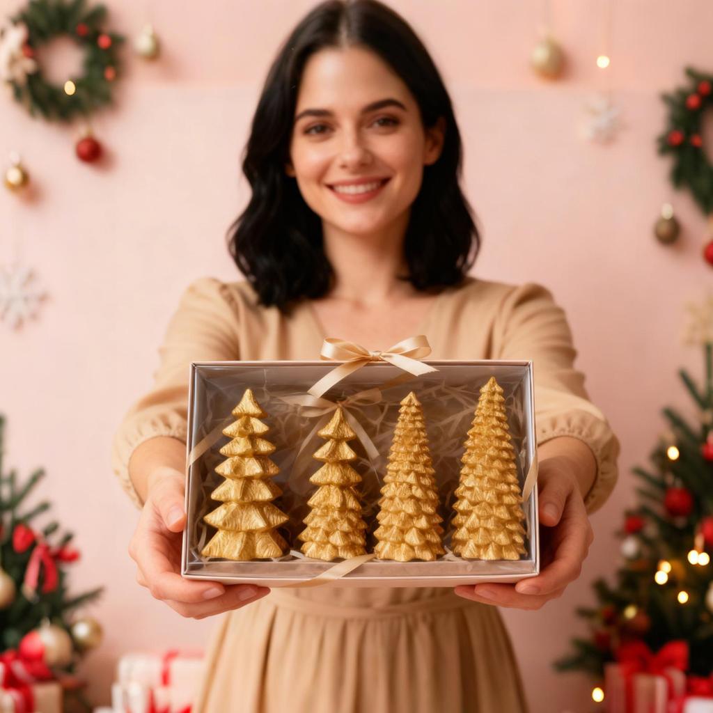 4 Pieces LED Golden Christmas Tree Statues Mini Desktop Tree Christmas Decorations Tabletop Christmas Tree For Living Room
