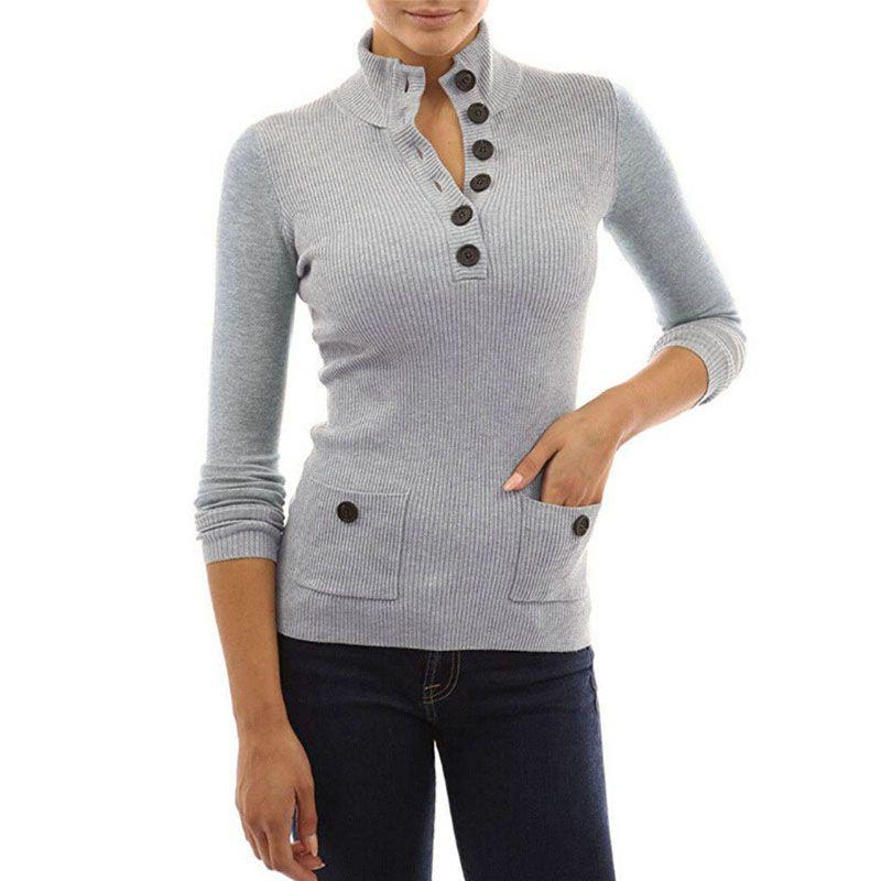 Top casual a collo alto a maniche lunghe da donna, maglione in maglia, T-shirt con bottoni, camicetta, in tessuti di alta qualità per il comfort di tutto il giorno