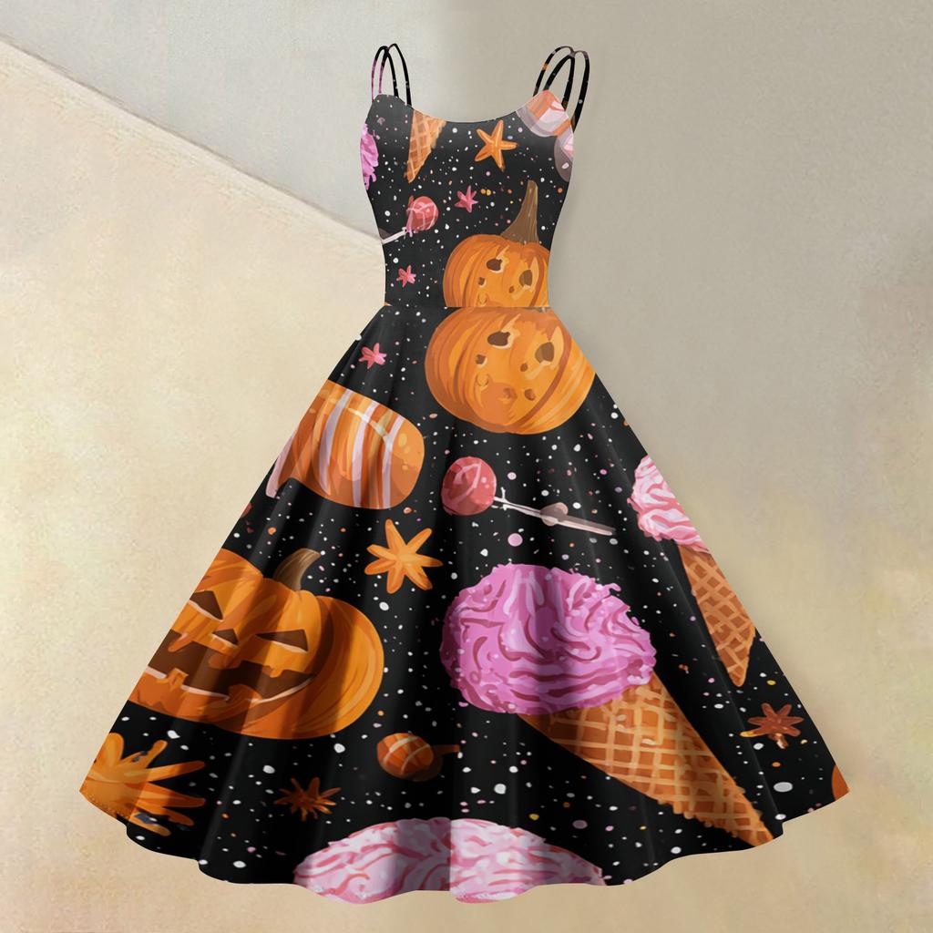 Women's Sleeveless Casual Dress Halloween Print Round Neck Vintage Style Spaghetti Strap Midi Dress for Daily Wear and Seasonal Events