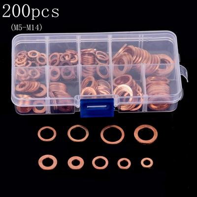 200pcs Copper Washer Gasket Set  for Sump Plugs Flat Ring Seal Assortment Kit with Box M5-M14