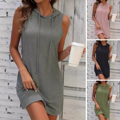 Vestido Sudadera de Verano para Mujer Sin Mangas con Capucha y Cordón Túnica Vestido Mini Casual Vestido Corto sin Mangas