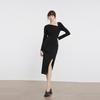 ELLE French Design Irregular Solid Color Asymmetrical Neck Simple Comfortable Long Sleeve Dress Women dress Black EL49857