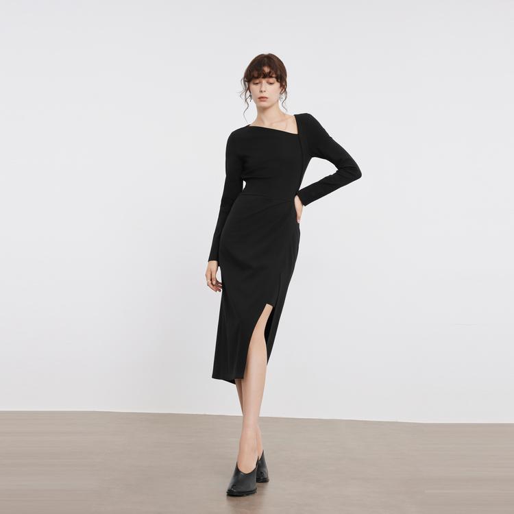 ELLE French Design Irregular Solid Color Asymmetrical Neck Simple Comfortable Long Sleeve Dress Women dress Black EL49857