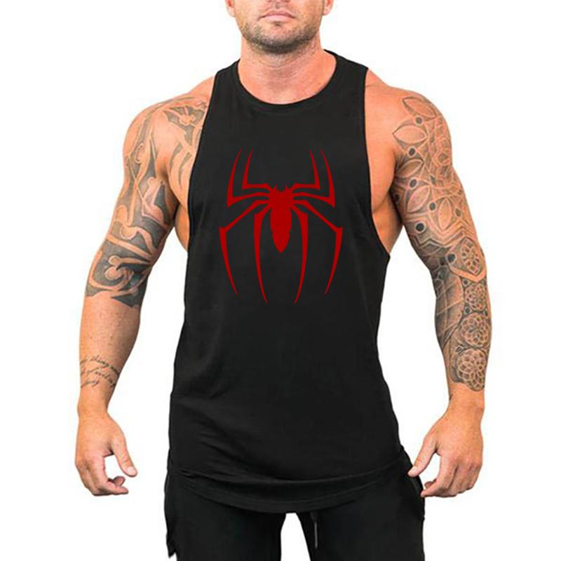 Muscleguys Red Spider Printed Running Vests Mens Gym Tank Tops Cotton Breathable Fitness Sleeveless T-Shirt Bodybuilding Training Clothing