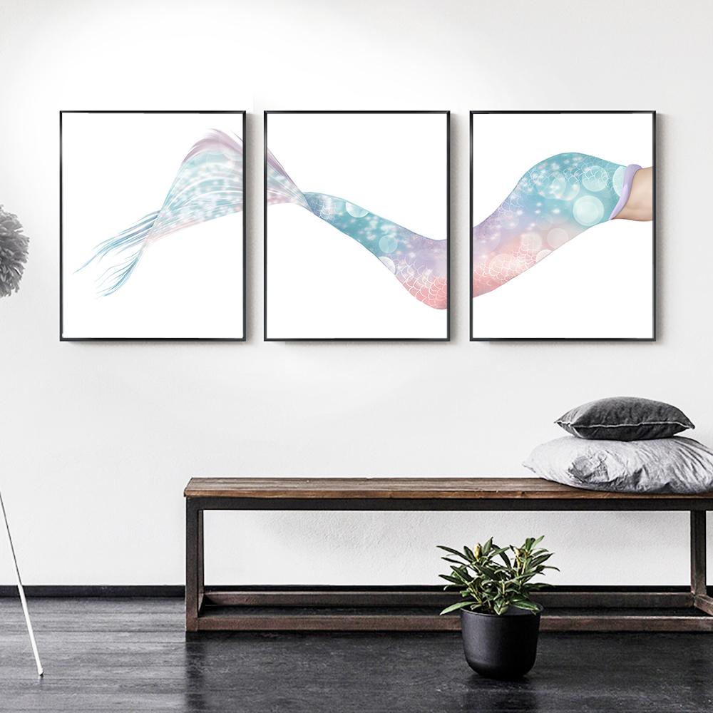 Kinderzimmer Wandkunst Meerjungfrauenschwanz Poster Cartoon Ozeantiere Leinwandmalerei Blaues Meer Druck Nordisches Bild Mädchenschlafzimmer Heimdekor