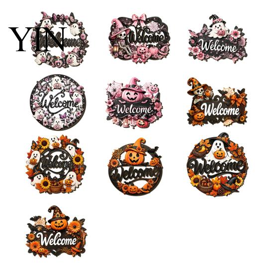 Wooden Craft Hanging Decoration Halloween Pumpkin Ghost Welcome Door Hanger Sign, Cute Wall Ornament with Bell Holiday Sign for Store Entry