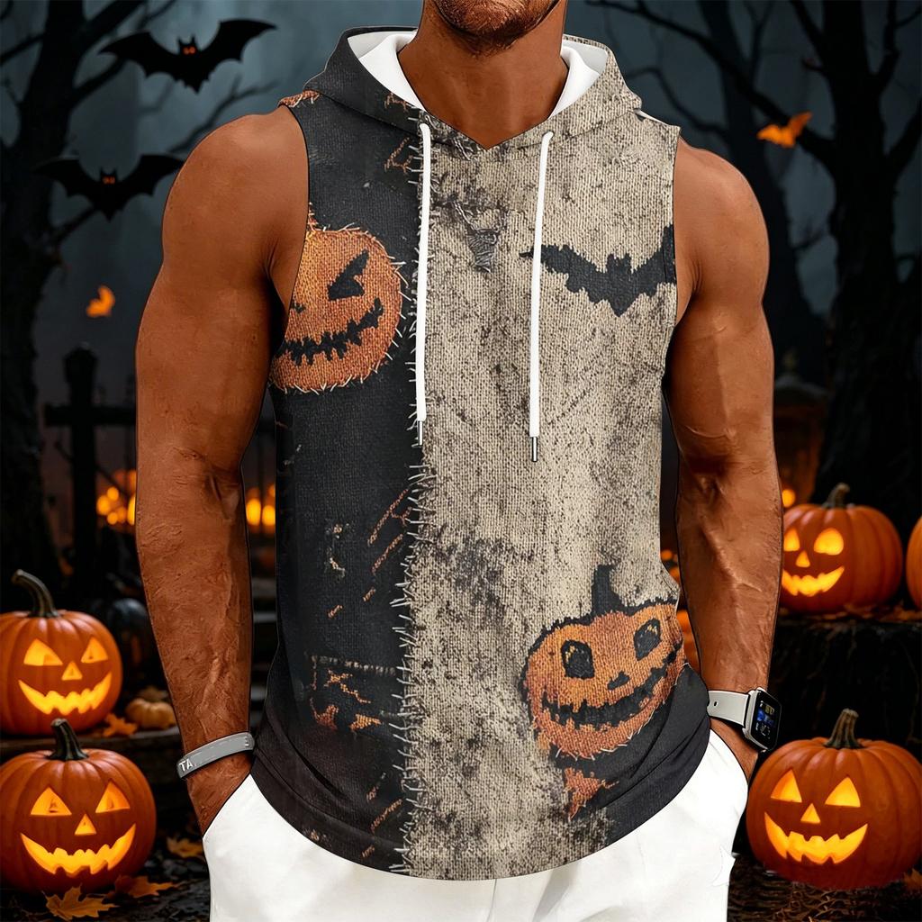 Men's Casual Sleeveless Hoodie with Drawstring Hood Halloween Themed Graphic Print Lightweight Pullover Vest for Everyday Wear