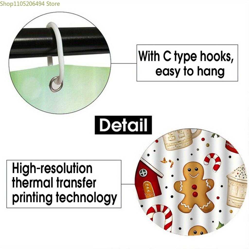 1pc/4pcs Christmas Gingerbread Man Christmas Cup Pattern Multi-Color Background Shower Curtain, Modern Home Bathroom Art Decor