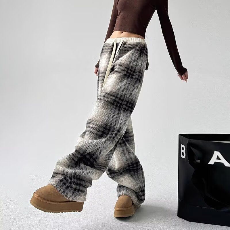 Plaid Wide-leg Pants for Women In Autumn Winter New Style Lazy Drape Loose Straight Casual Pants
