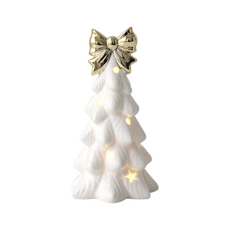 Ceramic Christmas Tree Night Light with Gold-Edged Hollow Stars & Snowflakes - Home Festival Decoration