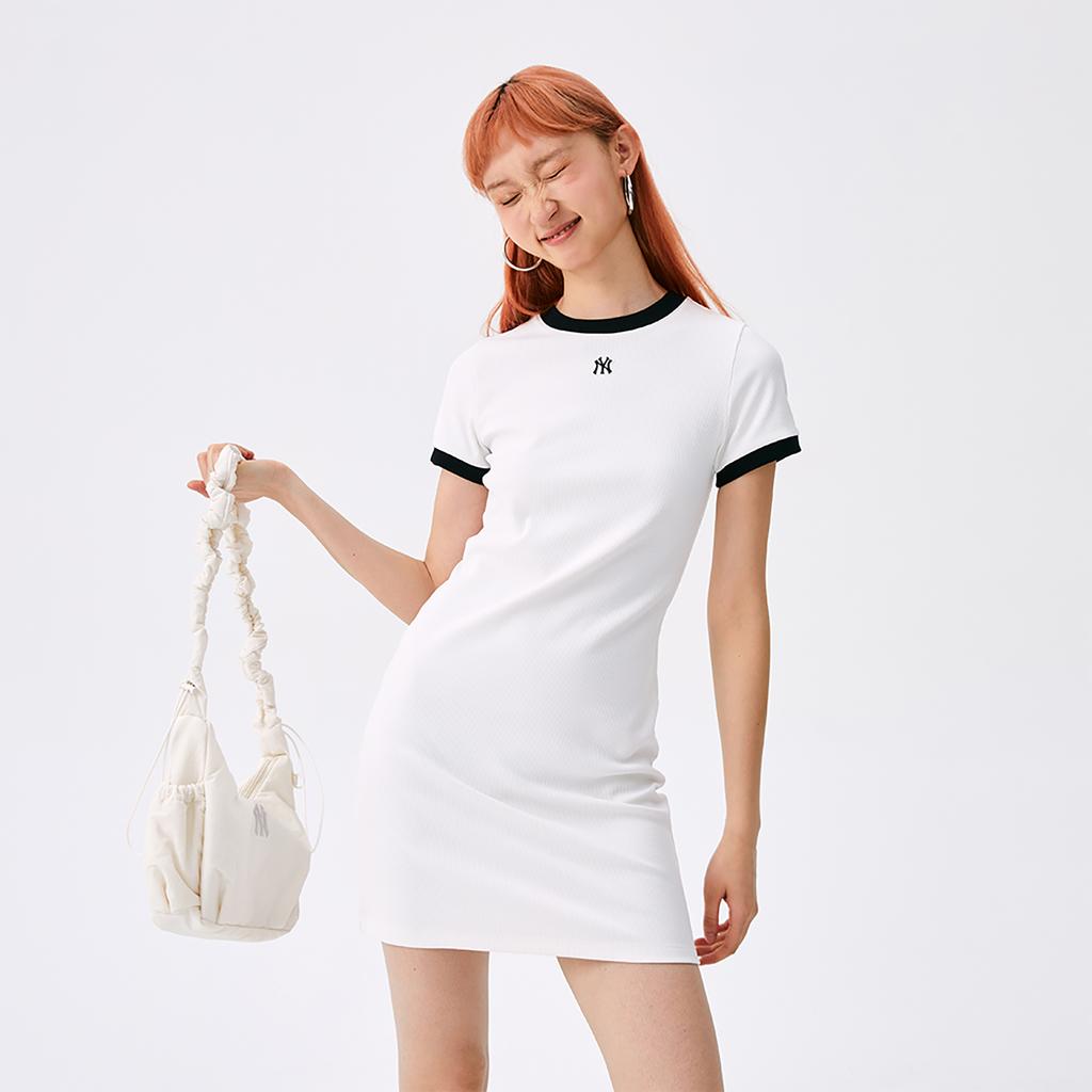 New MLB New York Yankees Basic Collection SS25 Short Sleeved Dress Women's Ivory 3FOPB0453-50IVS