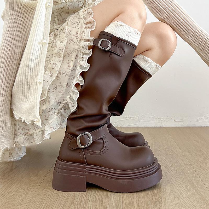 American black knee thick heel platform boots women's 2025 new summer British style thin knight boots