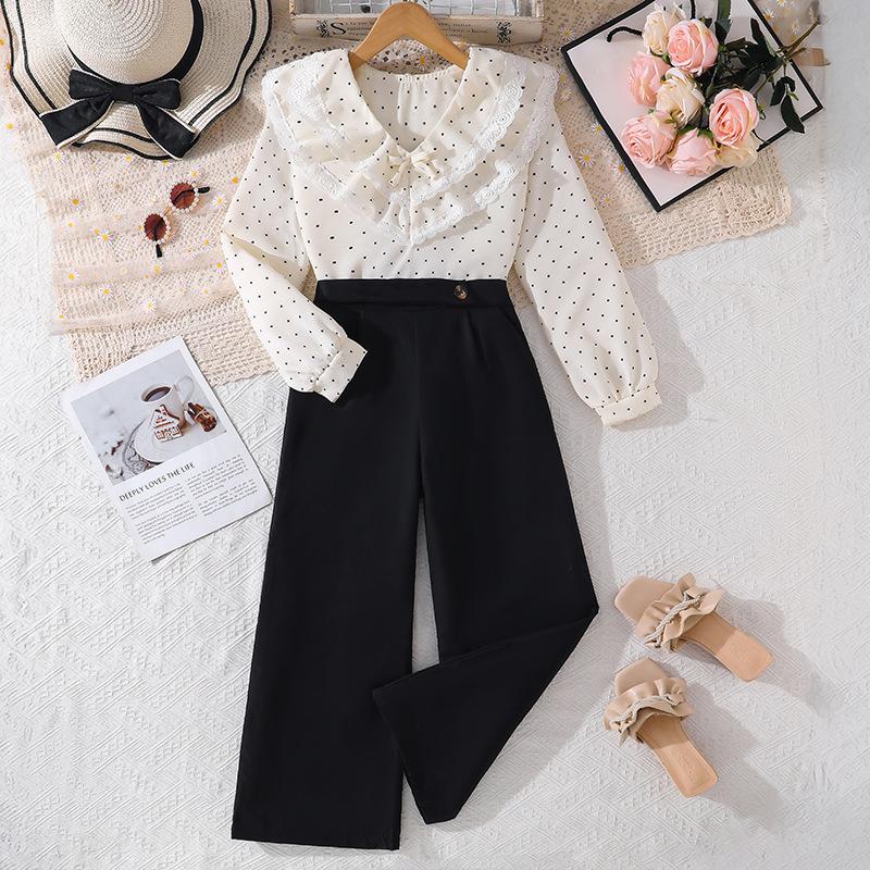 

Girls Fashion Set - Spring-Autumn Children s Sweet Polka Dot Long-Sleeved Shirt + Pants Set 170cm=12Y чорний