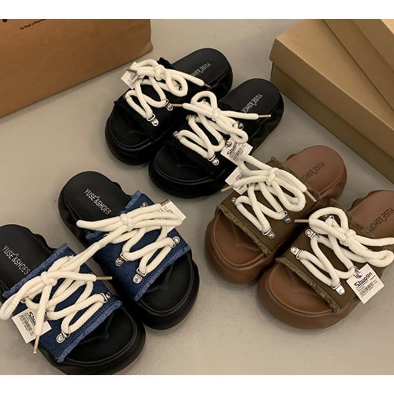 Mode Damen Cowboy Hausschuhe Schnür-Flache Sandalen Plateau Freizeitschuhe 2025 Trend Komfort Sommer Offene Zehen Mujer Pantoletten