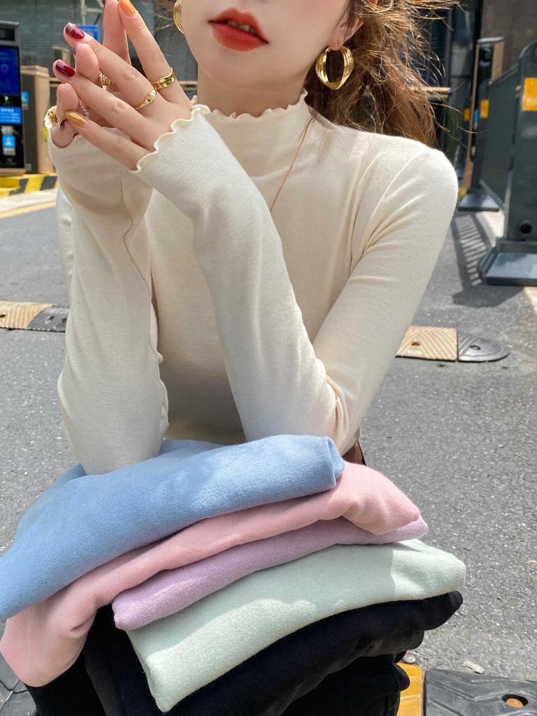 Women's Autumn/Winter 2024 Slim Fit High-Neck Purple Wood Ear Trim Top