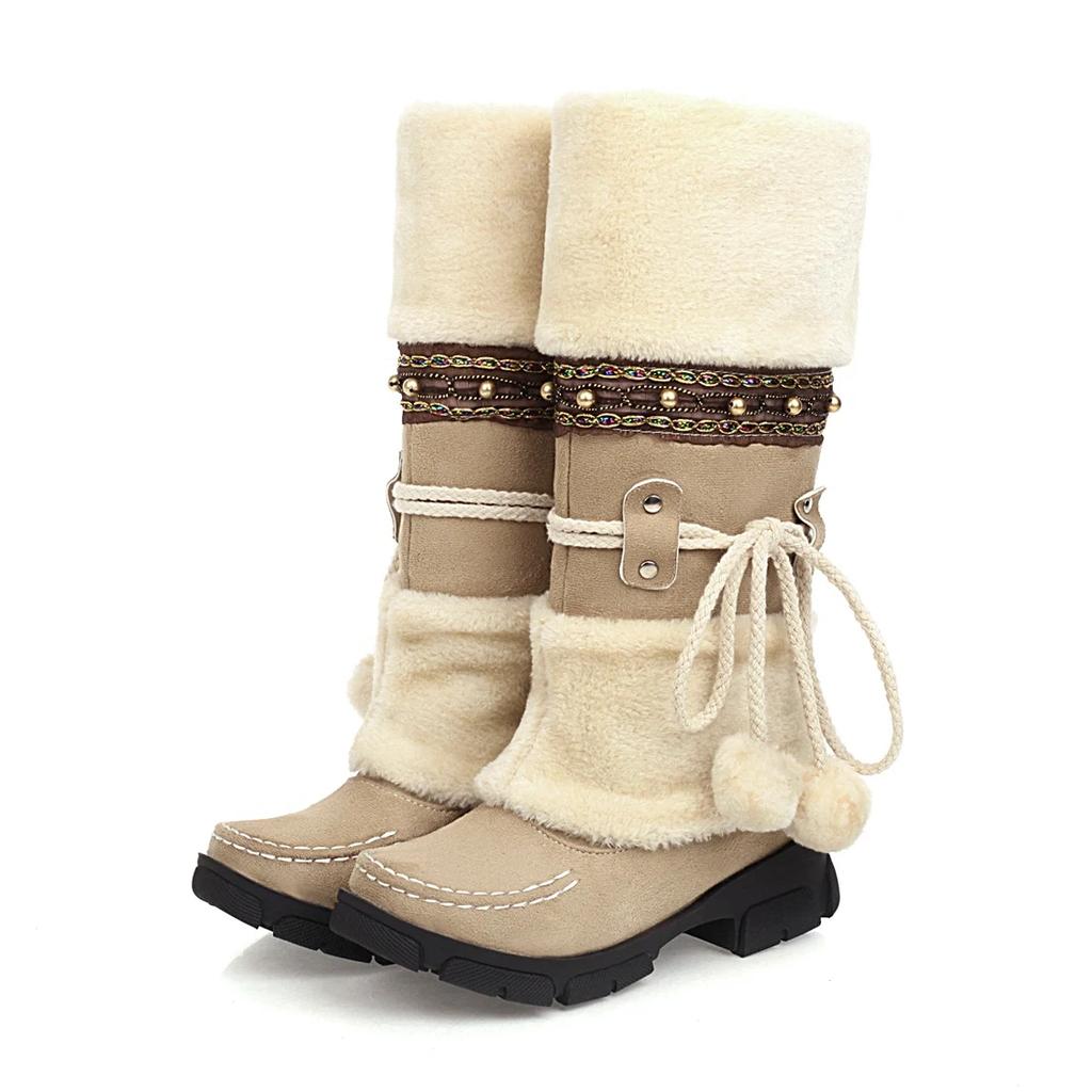 Winter Womens Thick Plush Snow Boots Fad Warm Mid Calf Women Platform Boots Retro Ethnic Stylish Fuzzy Ball Decor Chunky Booties