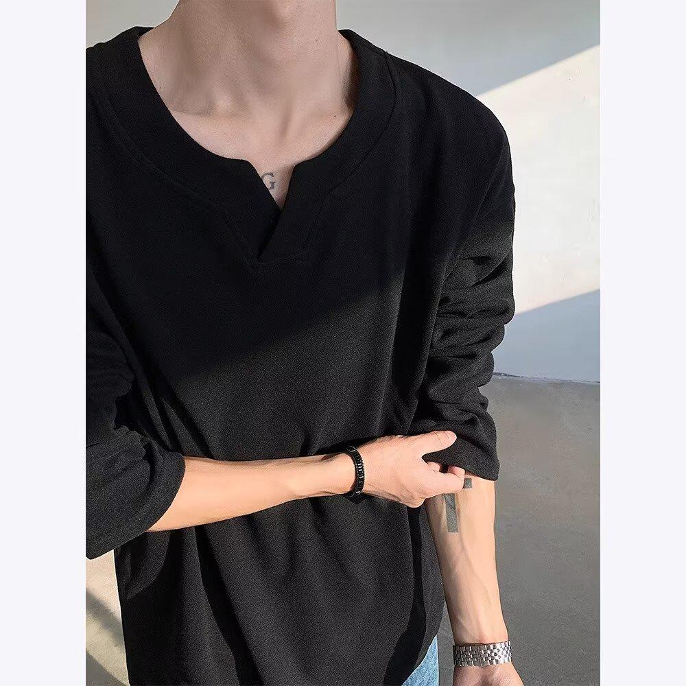 

Men s White Brushed Cotton V-Neck Long-Sleeve Base Layer Top: Autumn/Winter High-End Cleanfit Hoodie Style XL чорний