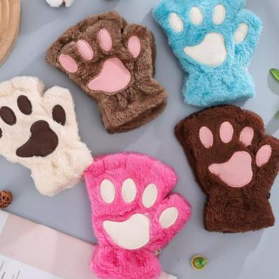 Gants d'hiver chauds sans doigts, adorables et doux, en peluche épaisse, en forme de patte d'ours, mitaines multicolores moelleuses et douces en forme de griffes de chat