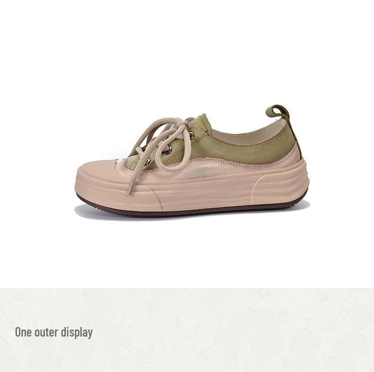 Women's Round Toe Lace-Up Leather Sneakers - 2025 Spring Collection